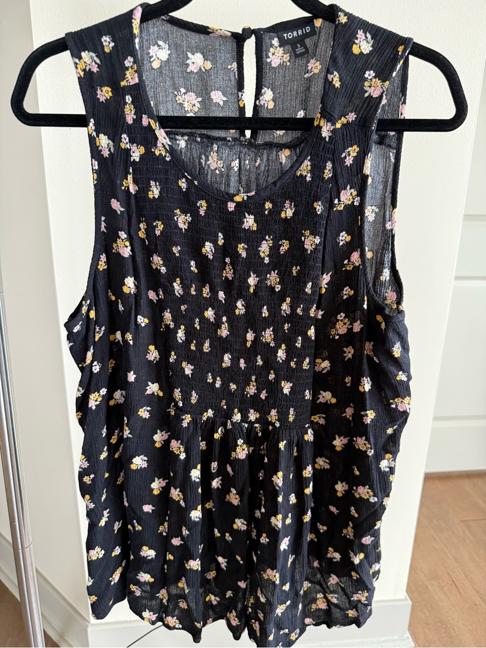 torrid Black Floral Smocked Tank with Pink & Yellow Blooms